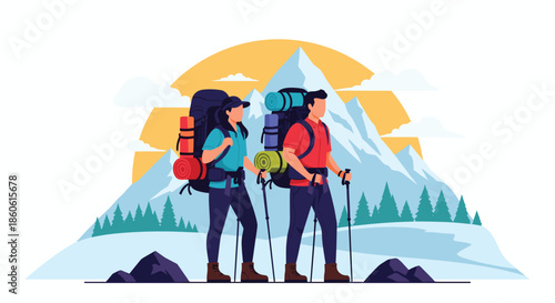Trekking couple with large backpacks and hiking poles walking through a snowy mountain landscape under a bright sun and blue sky.