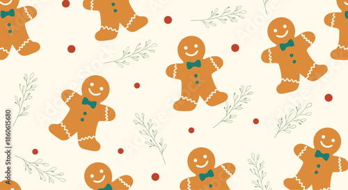 Holiday seamless pattern featuring cute gingerbread man cookies with green bow ties and delicate pine branch sketches on cream.