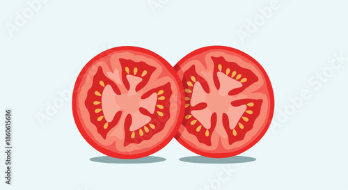 Two fresh slices of ripe red tomato showing seeds and inner pulp isolated against a pale blue background in a flat vector style.