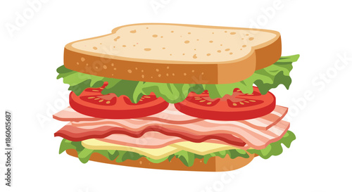 Mouthwatering stacked sandwich layers consisting of crispy bacon, fresh lettuce, red tomato slices, and yellow cheese on bread.