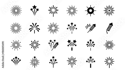 Elegant Vector Icons Featuring Diverse Firework Bursts and Celebration Rocket Designs for Events