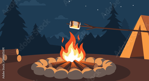 Cozy night camping scene featuring a bright campfire, a toasted marshmallow on a stick, and a tent nestled among forest pine trees.