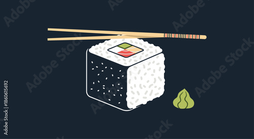 Single sushi maki roll with white rice and seaweed served with wooden chopsticks and a small portion of green wasabi paste.