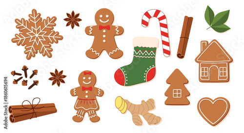 Festive Christmas gingerbread cookies including men, houses, and trees surrounded by aromatic spices like cinnamon and star anise.