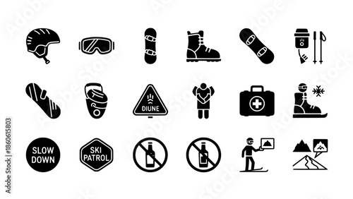 Winter Sports Equipment and Safety Icons - Skiing, Snowboarding, and Avalanche Preparedness