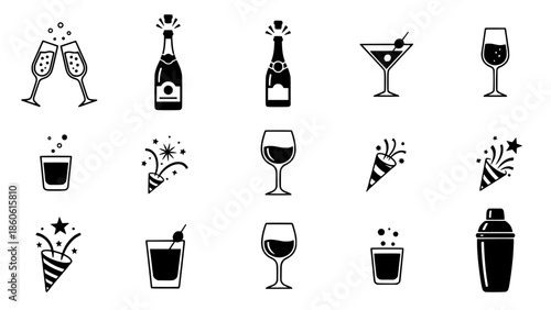 Festive celebration and party drink vector icons, perfect for joyous events and toasts