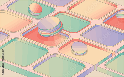 Abstract grid design with stacked and single round tokens, vibrant colors creating a playful visual