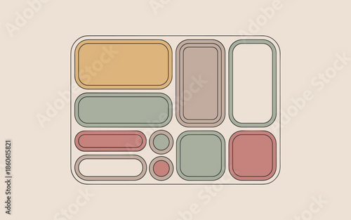 Aesthetic minimal bento box lunch illustration with pastel colors and multiple food compartments