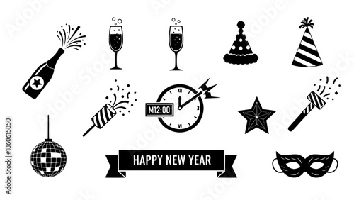 Festive New Year's Eve Celebration Vector Icons Collection for Holiday Parties and Events