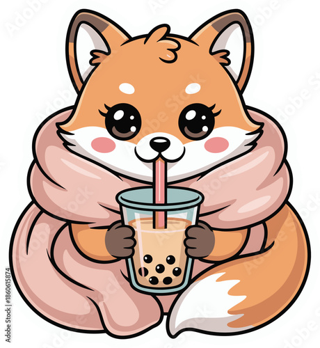 Cute red fox sticker drinking bubble tea while wrapped in cozy blanket