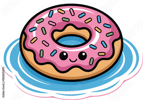 Kawaii pink donut sticker with colorful sprinkles on blue splashing water