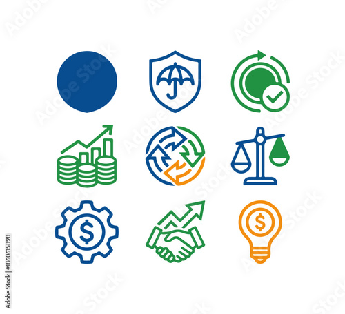 Conceptual icons illustrating business finance and legal protection