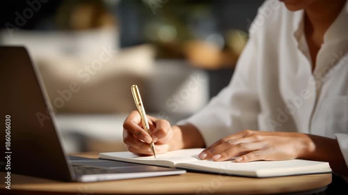 A hand writing goals in a minimalist planner beside a laptop — productivity system, time management strategies, personal development practice, and modern journaling habits. cinematic color