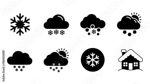 Versatile vector collection of winter weather icons, depicting snowflakes, snowy clouds, and cozy homes