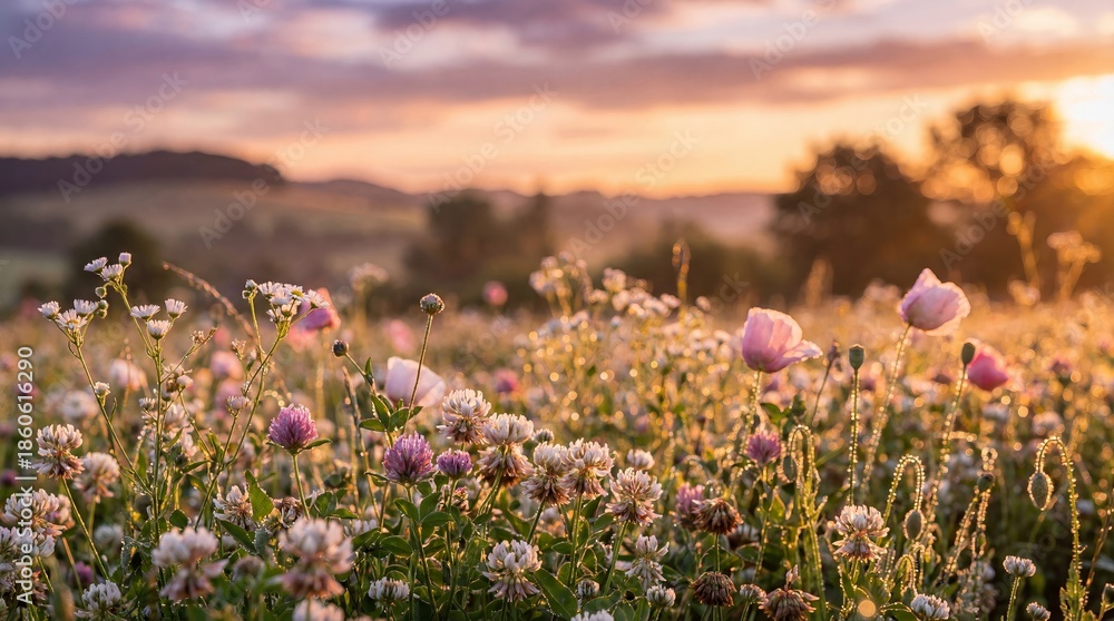 Obraz premium Colorful wildflowers bloom in vibrant meadow at sunset. Nature displays breathtaking beauty. Tranquil atmosphere invites relaxation and escape into serene landscape.