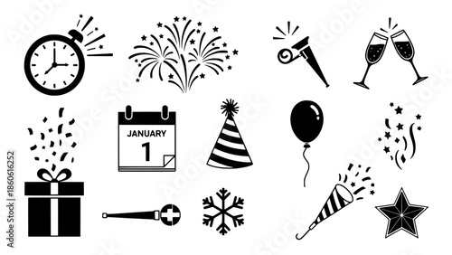 New Year Celebration Icons Clock, Fireworks, Gifts, Party Hats, Confetti & More