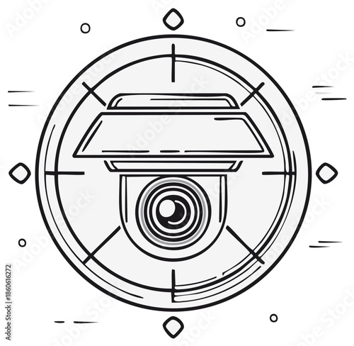 Security Camera Icon within Concentric Circle Surveillance System Control and Monitoring in Outline Style