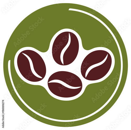 Abstract circular logo with stylized coffee beans and green background