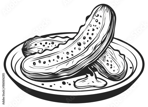 Hand drawn black and white illustration of two salty pickles on a plate