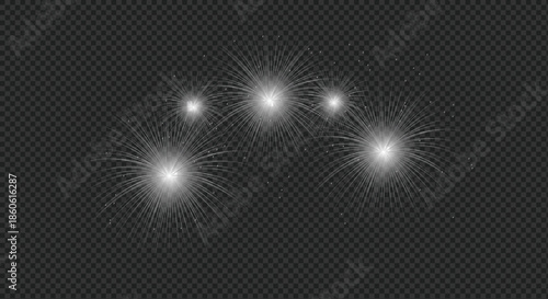 Realistic set of car headlights with glowing effect and light flare on transparent background