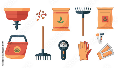 Gardening tools and supplies collection: planter, seeds, rakes, fertilizer, gloves