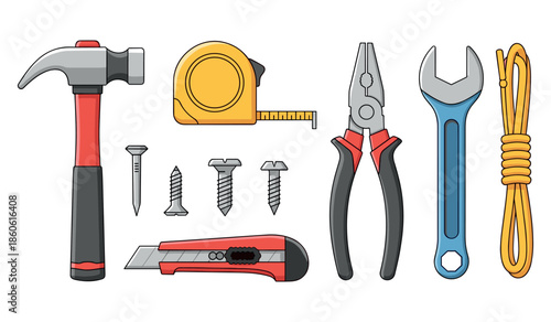 Hand tools collection: hammer, tape measure, pliers, wrench, utility knife, screws, nails, rope