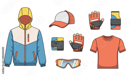 Colorful winter jacket with accessories including cap, gloves, wallet, goggles, and t-shirt