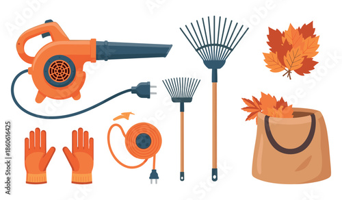Autumn gardening tools with leaf blower, rakes, gloves, and leaf bag