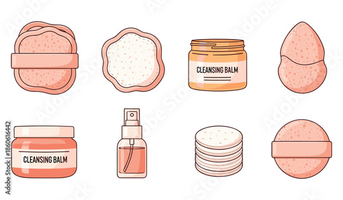 Collection of skincare products including cleansing balm and exfoliating pads