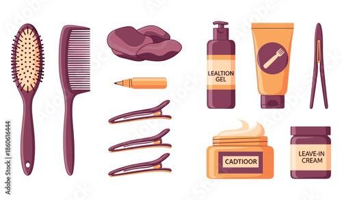 Hair care accessories set with brushes, combs, and styling products