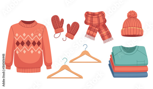 Winter clothing set with sweater, mittens, scarf, and hat on hangers