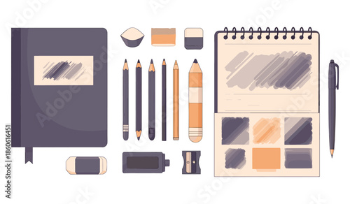 Art supplies arrangement with notebooks, pencils, and erasers on white background