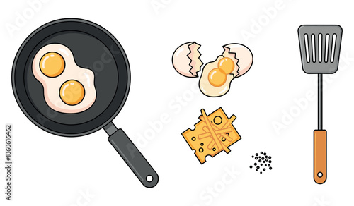 Cooking breakfast: fried eggs with cheese, pepper, and spatula