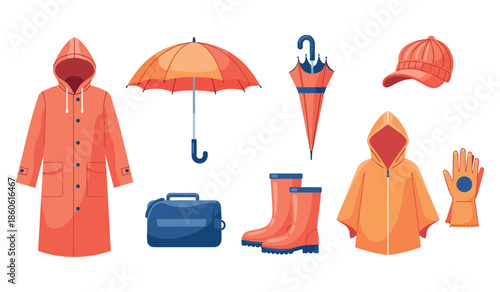 Collection of rain gear: raincoats, umbrellas, and accessories in orange and blue