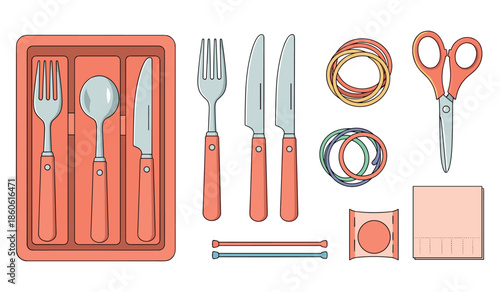 Colorful kitchen utensils and office supplies on white background
