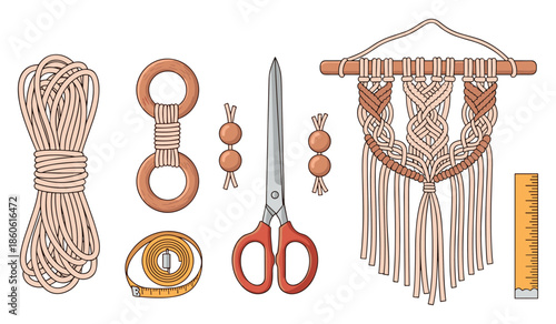 Macrame crafting tools: rope, wooden rings, beads, scissors, wall hanging, measuring tape, ruler