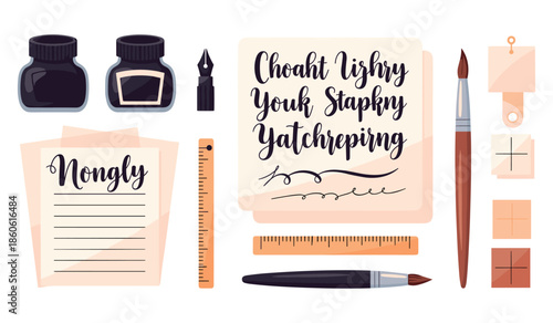 Creative calligraphy tools and supplies with ink and brushes