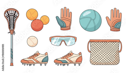 Lacrosse equipment set: stick, gloves, balls, shoes, bag, goggles