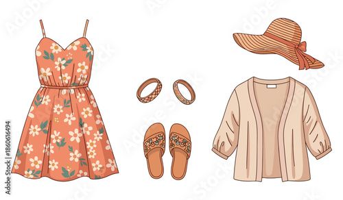 Floral summer outfit with accessories including dress, sandals, cardigan, hat, and bracelets