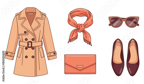Fashionable beige trench coat and accessories set with sunglasses and scarf