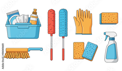 Collection of cleaning supplies: dusters, gloves, sponges, and bottles