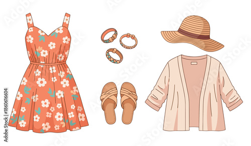 Floral summer dress outfit with accessories: hat, sandals, cardigan, bracelets