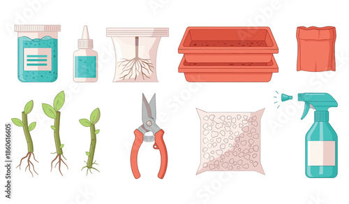 Gardening tools and supplies: seeds, pots, shears, and spray bottle