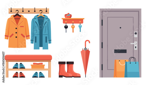 Cozy entryway with coats, shoes, umbrella, and keys