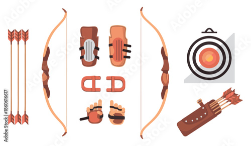 Archery equipment set with bows, arrows, quiver, target, and protective gear