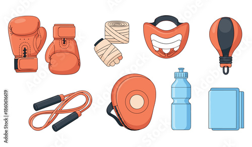 Boxing equipment set: gloves, wraps, mouthguard, speed bag, jump rope, water bottle