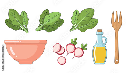 Fresh salad ingredients with spinach, radishes, olive oil, and bowl
