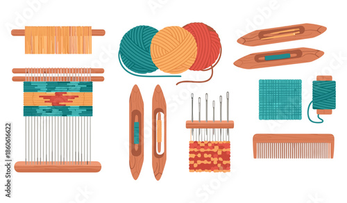 Colorful yarn and weaving tools set for crafting and textiles