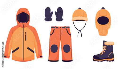 Winter outdoor clothing set featuring orange jacket, mittens, hat, mask, pants, and boot
