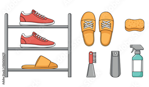 Shoe care essentials: sneakers, slippers, cleaning tools, and supplies